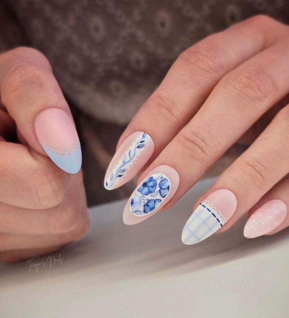 blue and white floral nail ideas