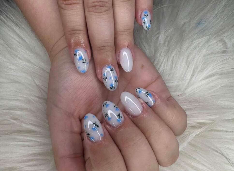 blue and white floral nails