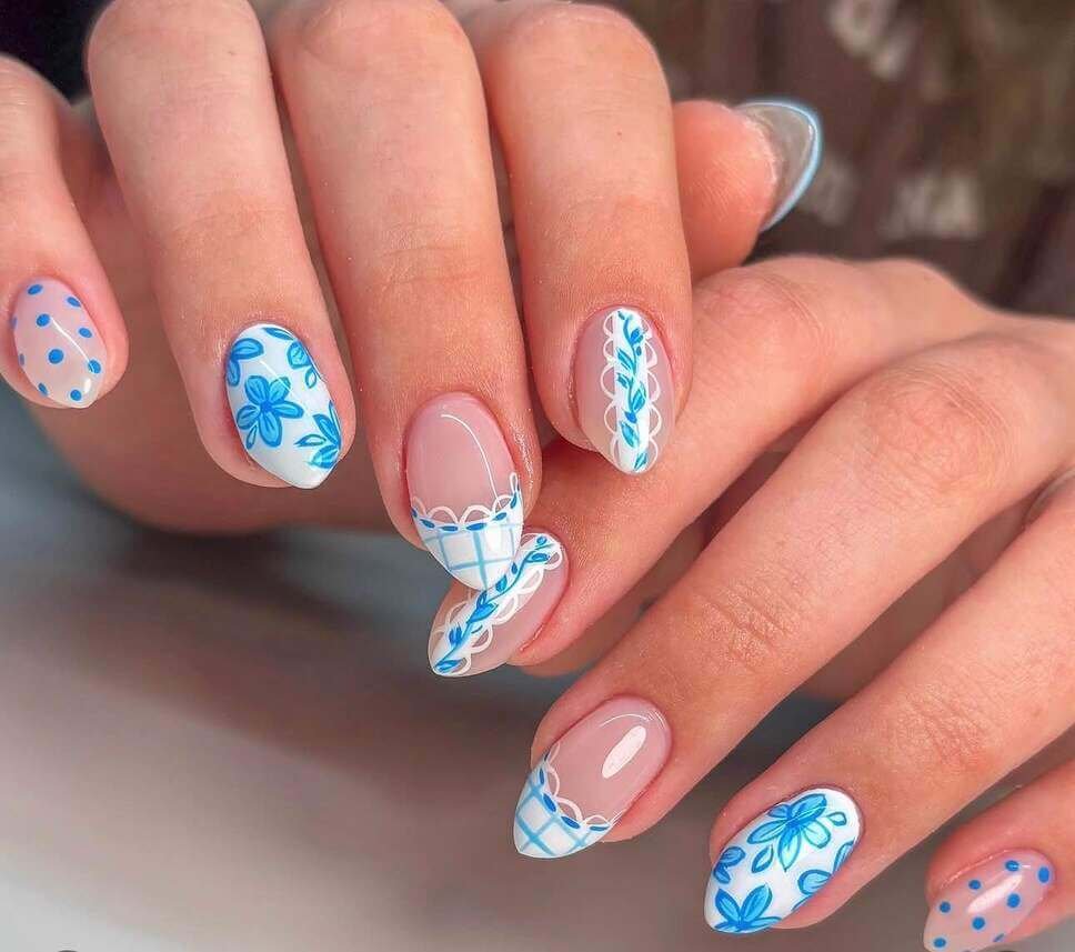 blue and white floral nails