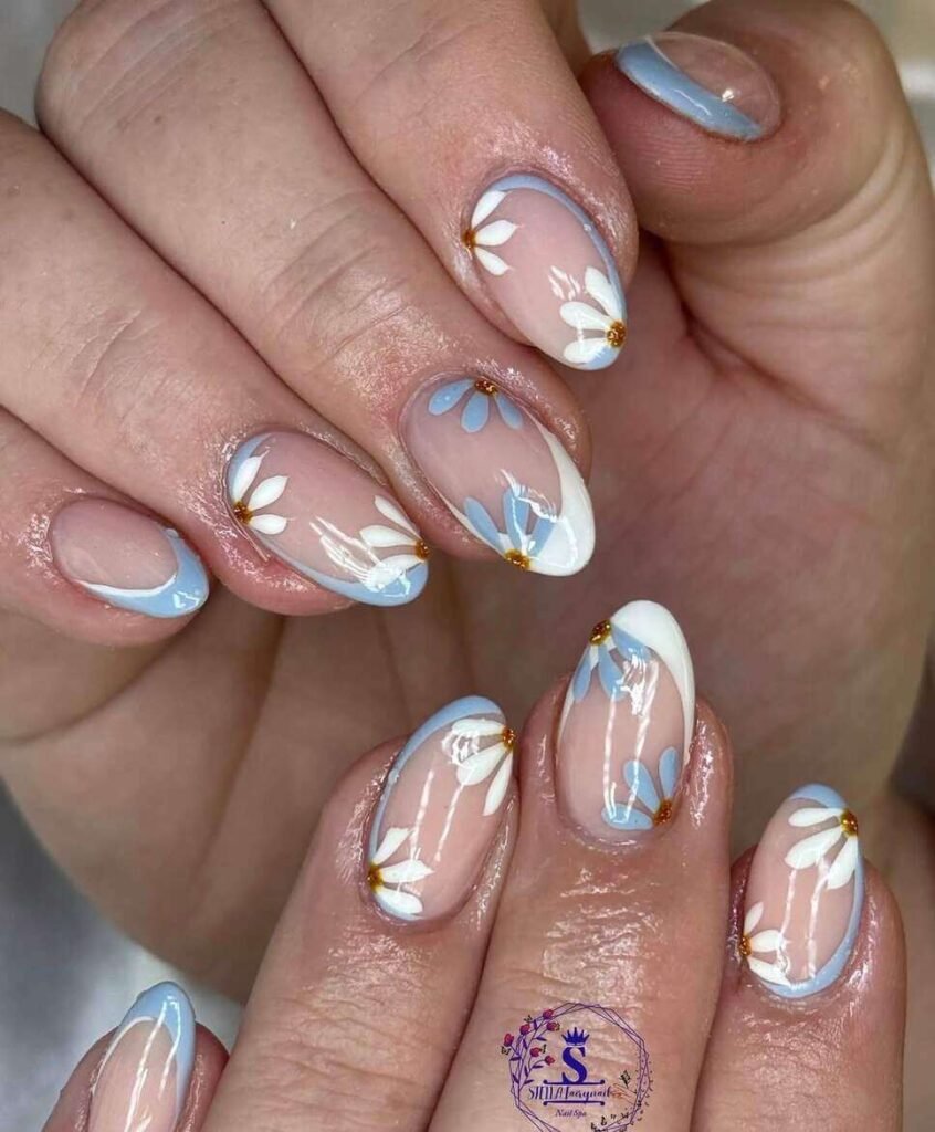 blue and white floral nails