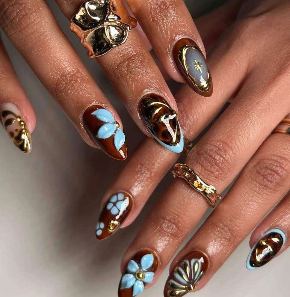floral brown fall nails 