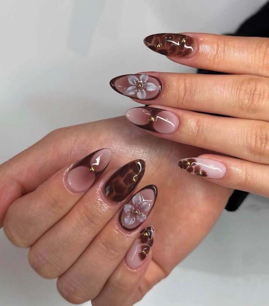 floral brown fall nails