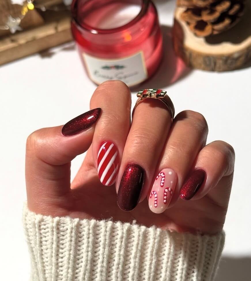 red christmas nails with stripes